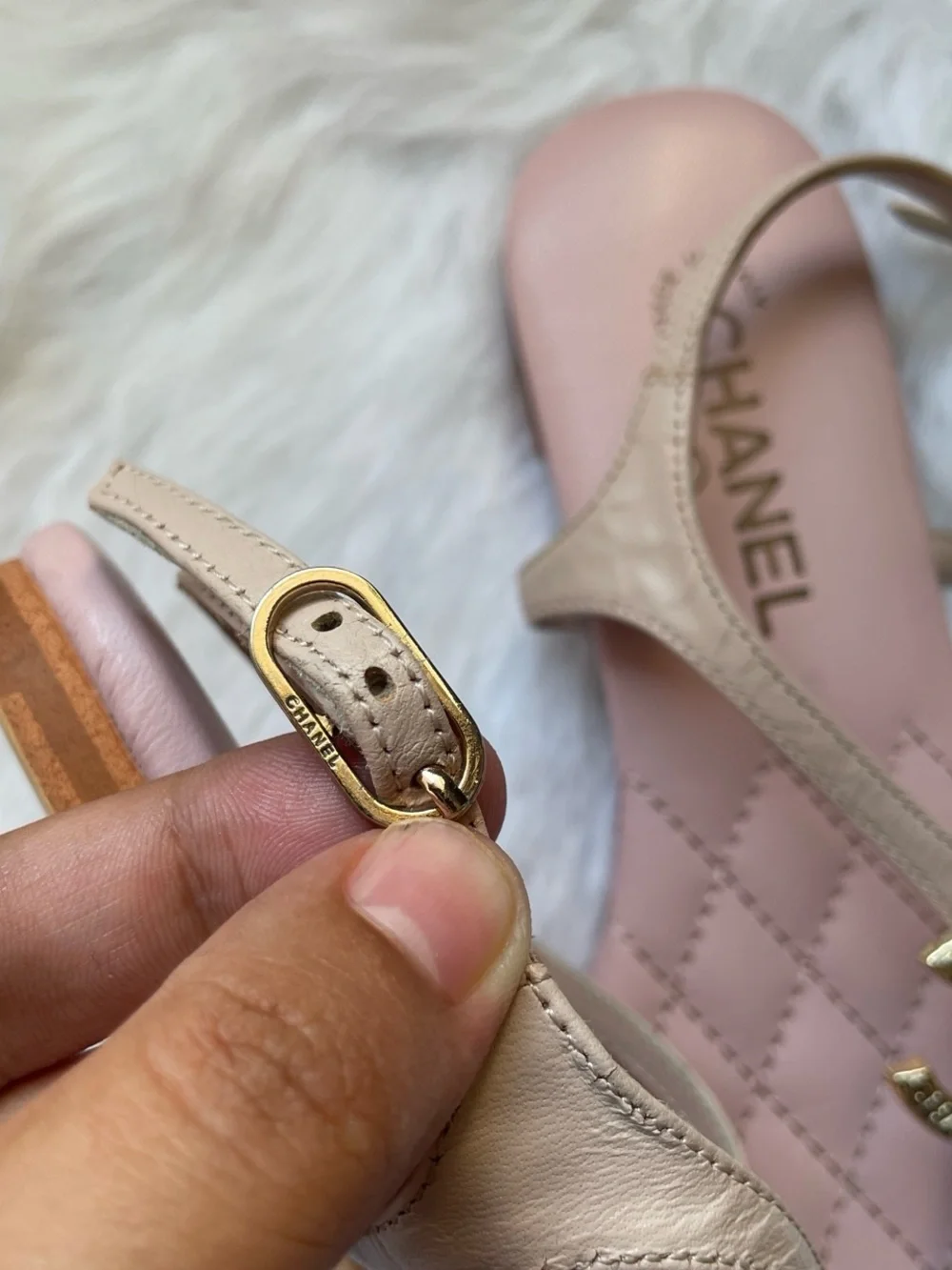 CHANEL Pink Quilted T-Strap Sandals with Gold CC Emblem